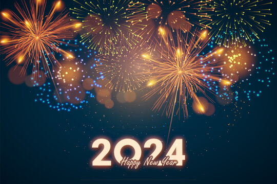 Year 2024 displayed with fireworks. 2024 Happy New Year, year of the Dragon. Design template Celebration typography poster, banner or greeting card for Merry Christmas and happy new year. 