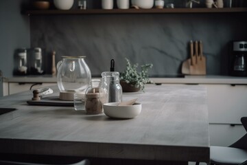 Fototapeta na wymiar Kitchen table in neutral gray. Generative AI