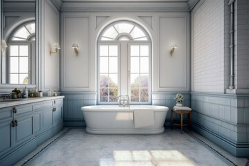 Naklejka na ściany i meble Generative AI illustration of minimalist luxury bathroom in white and pastel colors