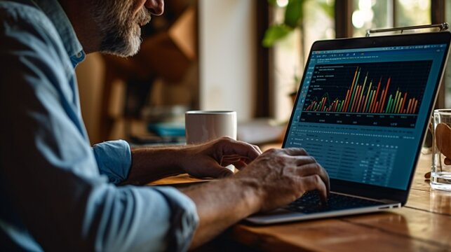 Data analysis to increase sales and revenue. Man sitting with laptop and working with growing graph. Business data analytics concept. Generative ai..