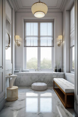 Fototapeta na wymiar Generative AI illustration of minimalist luxury bathroom in white and pastel colors