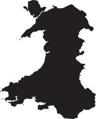 BLACK CMYK color detailed flat stencil map of the European country of WALES on transparent background