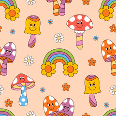 seamless pattern with  mushrooms and rainbow
