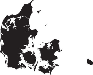 BLACK CMYK color detailed flat stencil map of the European country of DENMARK on transparent background