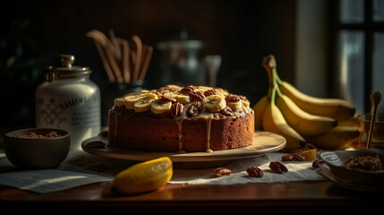 banana cake on a table in sun light, new quality stock image food illustration desktop wallpaper design, Generative AI