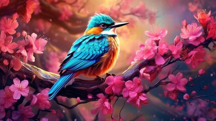 Colorful bird flutters among blooming flowers, spreading joy with its melodious song. Generative AI