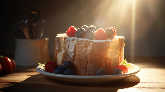 angel cake on a table in sun light, new quality stock image food illustration desktop wallpaper design, Generative AI
