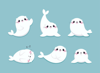 Cute Seal with White Fur Swimming, Sleeping and Smiling on Blue Background Vector Set
