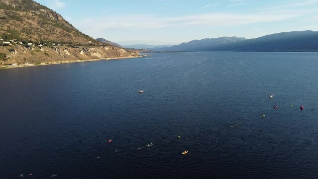 Drone view of Penticton British Columbia Ironman Triathlon 2022 swimming event
