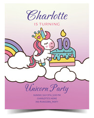 Cute doodle unicorn 10 birthday party invitation card. Ready to print. Vector illustration 