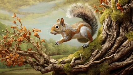 Obraz premium Energetic squirrel hops from branch to branch, gathering supplies for its cozy nest. Generative AI