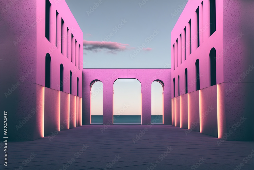 Poster vaporwave landscape with abstract building with pillars. 80s styled pink and blue minimalistic archi