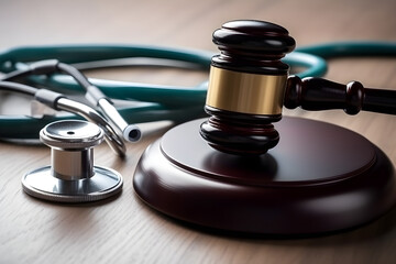 Gavel and stethoscope in the background. Medical law and law concept 