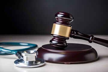 Gavel and stethoscope in the background. Medical law and law concept 