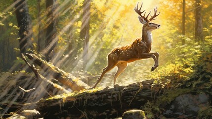 Graceful deer gracefully leaps over fallen logs, dancing in the dappled sunlight. Generative AI