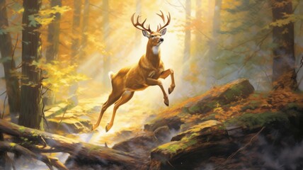 Graceful deer gracefully leaps over fallen logs, dancing in the dappled sunlight. Generative AI