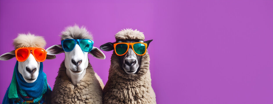 Creative animal concept. Sheep lamb in a group, vibrant bright fashionable outfits isolated on solid background advertisement, copy text space. birthday party invite invitation banner 