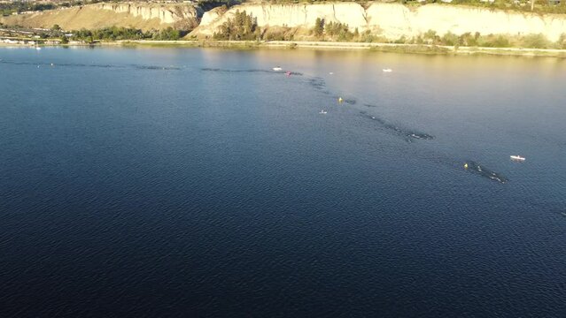 Drone view of Penticton British Columbia Ironman Triathlon 2022 swimming event
