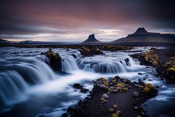 Landscape with sunrise at famous Kirkjufellsfoss waterfall and Kirkjufell mountain, Iceland.
