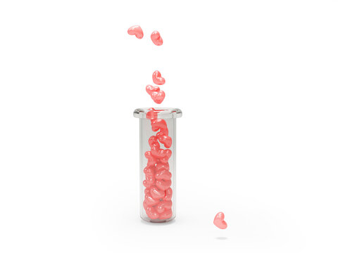 Hearts in test tube for Valentine's Day 3d illustration on white background with shadow