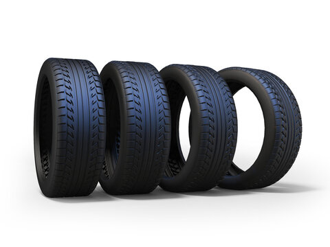 3D rendering of group of tires for car on white background with shadow