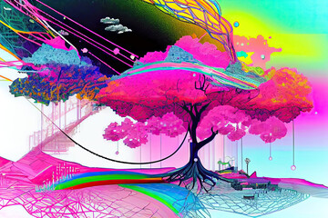 abstract watercolor background,landscape with trees,landscape with city,Fluorescent color scheme, concept illustration