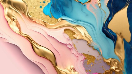 3D illustration of pink, blue and gold marble background