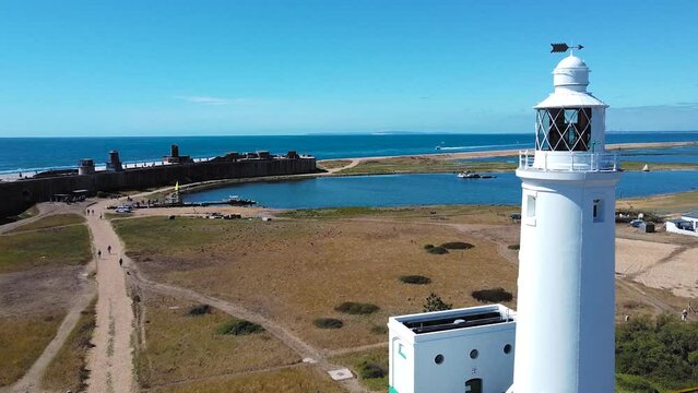 Aerial view of a Hurst Point Lighthouse and the Solent