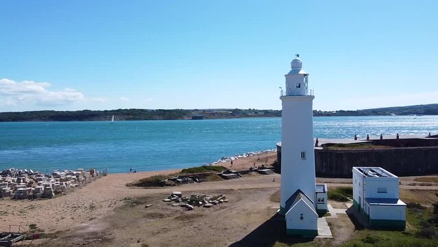 Aerial view of a Hurst Point Lighthouse and the Solent
