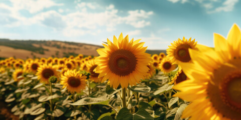 Obraz premium A panoramic view of a sunflower field stretching as far as the eye can see. Generative AI 