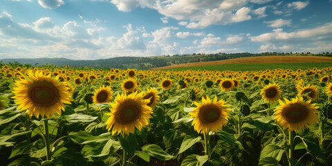 Obraz premium A panoramic view of a sunflower field stretching as far as the eye can see. Generative AI 