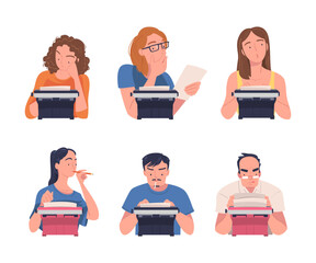 People Writer Character at Typewriter Writing Book Engaged in Creative Literary Work Vector Set
