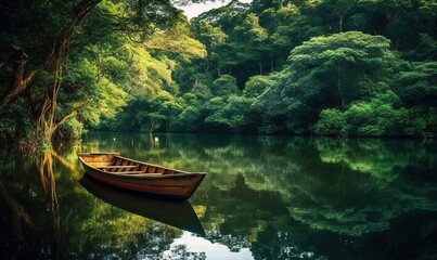 Fototapeta na wymiar a small boat floating on top of a lake surrounded by trees and a lush green forest filled with lots of leaves on a sunny day. generative ai