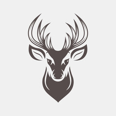Vector Deer Head with Horns, Antlers. Hand Drawn Black and White Portrait of Reindeer with Outline, Front View. Design Template for Wildlife, Hunters, Hipster, Christmas, New Year Concept