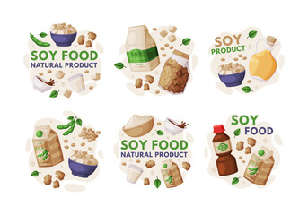 Natural Soy Products from Soybean Plant with Tofu, Milk, Oil and Sauce Vector Composition Set