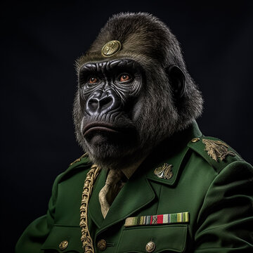 Portrait of a silverback gorilla wearing a green Ca