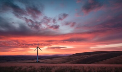 Obraz premium a wind turbine in a field with a sunset in the background and clouds in the sky over the hills and hills behind it, with a red and blue sky with white clouds. generative ai
