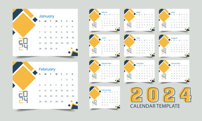 2024 calendar. Cover, set of 12 months pages and page with 2024 calendar. Vector illustration.