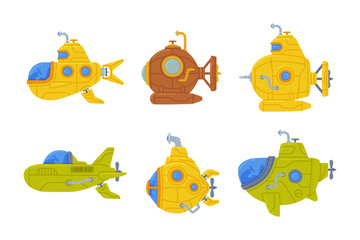 Colorful Submarine Watercraft Swimming Underwater Vector Set
