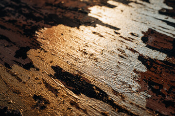 Abstract contemporary paint black oil strokes and glow golden shiny bronze texture. Artistic...