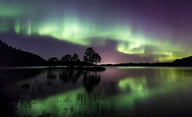 Beautiful scenery of aurora over a lake in an island in Trondheim, Norway