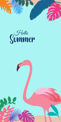 Hello Summer Sale story social media template design with flamingo and tropical leaves. Summer sale promotion story 