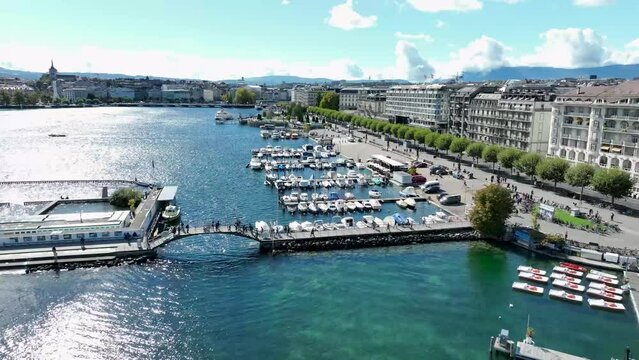 Aerial shot over a fountain in geneva lake, switzerland