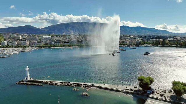 Aerial shot over a fountain in geneva lake, switzerland