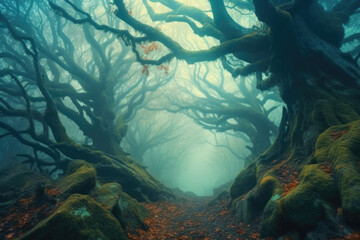 Enigmatic mist cloaks ancient woodland. A dense, mystical fog enveloping ancient trees in an enchanted forest. Generative AI 
