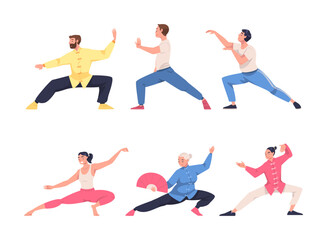 People Character Practicing Tai Chi and Qigong Exercise as Internal Chinese Martial Art Vector Illustration Set - obrazy, fototapety, plakaty