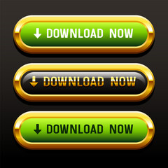 Download now buttons. Green and black buttons in a gold frame. Vector clipart isolated on white background.
