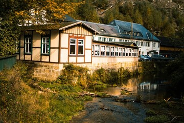 Fototapeta na wymiar Half-timbered houses near the swamp in Saxon Switzerland Mountains, Germany