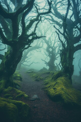 A dense, mystical fog enveloping ancient trees in an enchanted forest. Generative AI 