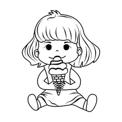 The Girl with the Ice Cream. Fun, funny coloring book. Vector, cartoon drawing. Linear, outline, simple, silhouette. For print and web design. 